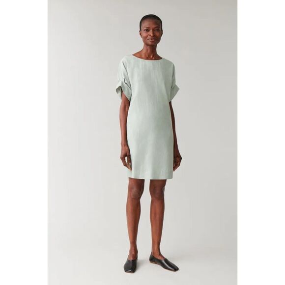 COS Cupro Cotton Short Roll Sleeve Crew Neck Shift Dress in Celadon Green Size 6 - Picture 5 of 13